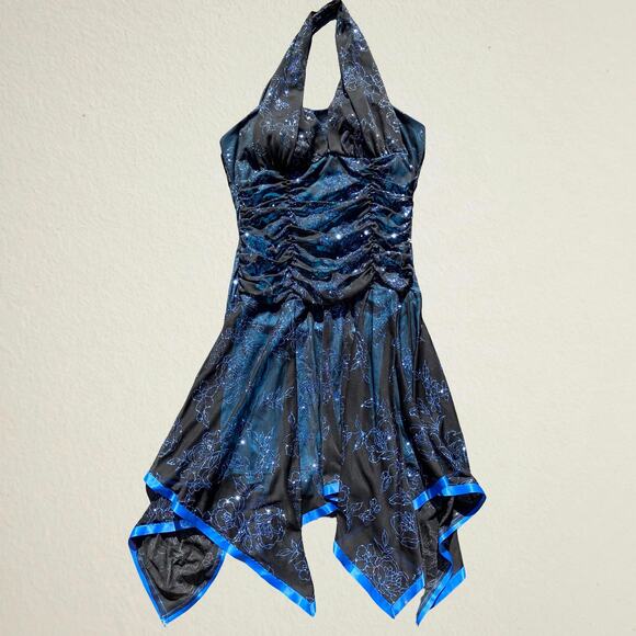 Vintage black floral sequin ruched halter dress handkerchief hem, Y2K whimsigoth - Picture 1 of 8